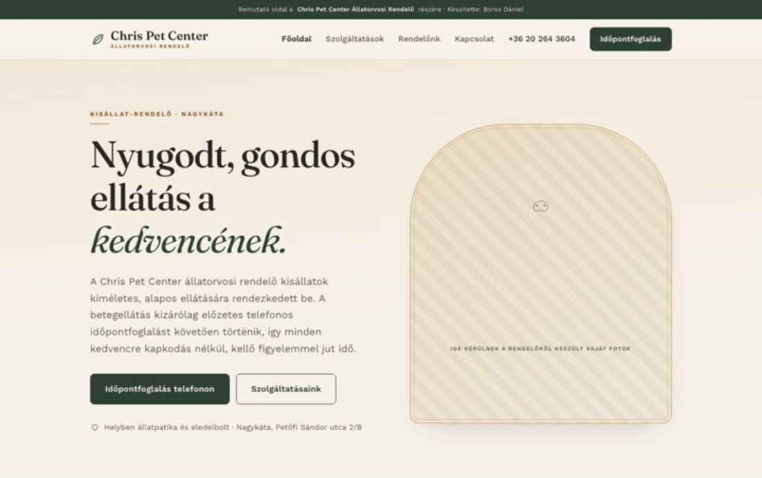 A Chris Pet Center állatorvosi rendelő oldalának nyitóképe: nyugodt, magazinos tipográfia.