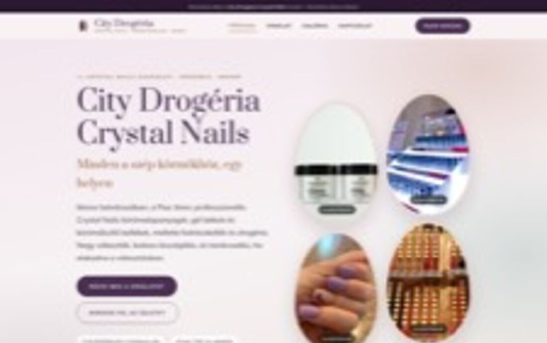 A City Drogéria Crystal Nails oldalának nyitóképe: szilva színvilág, ovális fotókompozíció.