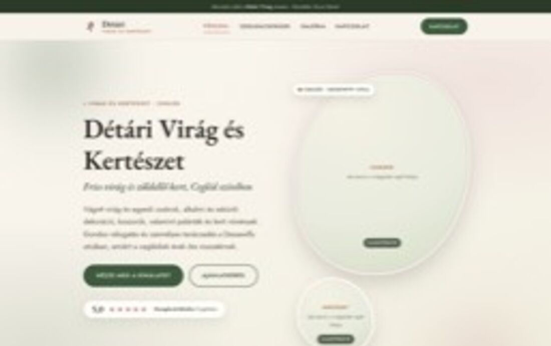 A Détári Virág és Kertészet oldalának nyitóképe: botanikus zöld, nagy ovális motívum.