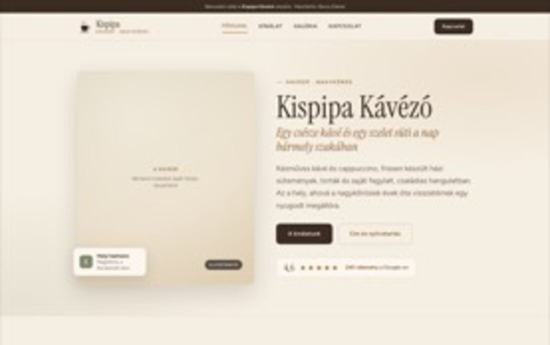 A Kispipa Kávézó oldalának nyitóképe: espresso barna, kompakt kártyás elrendezés.