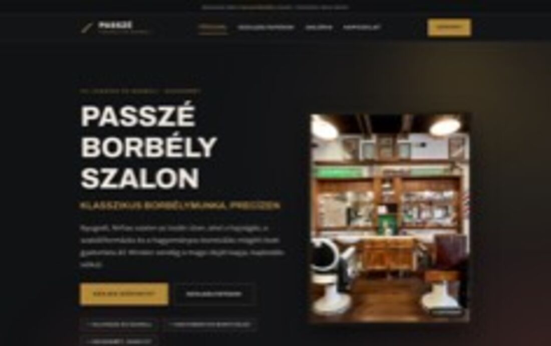 A Passzé Borbély Szalon oldalának nyitóképe: sötét háttér, arany betűk, jobbra szalonfotó.