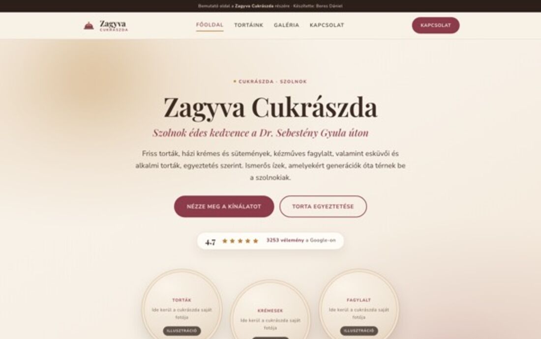 A Zagyva Cukrászda oldalának nyitóképe: meleg krém és csokoládé tónusok.